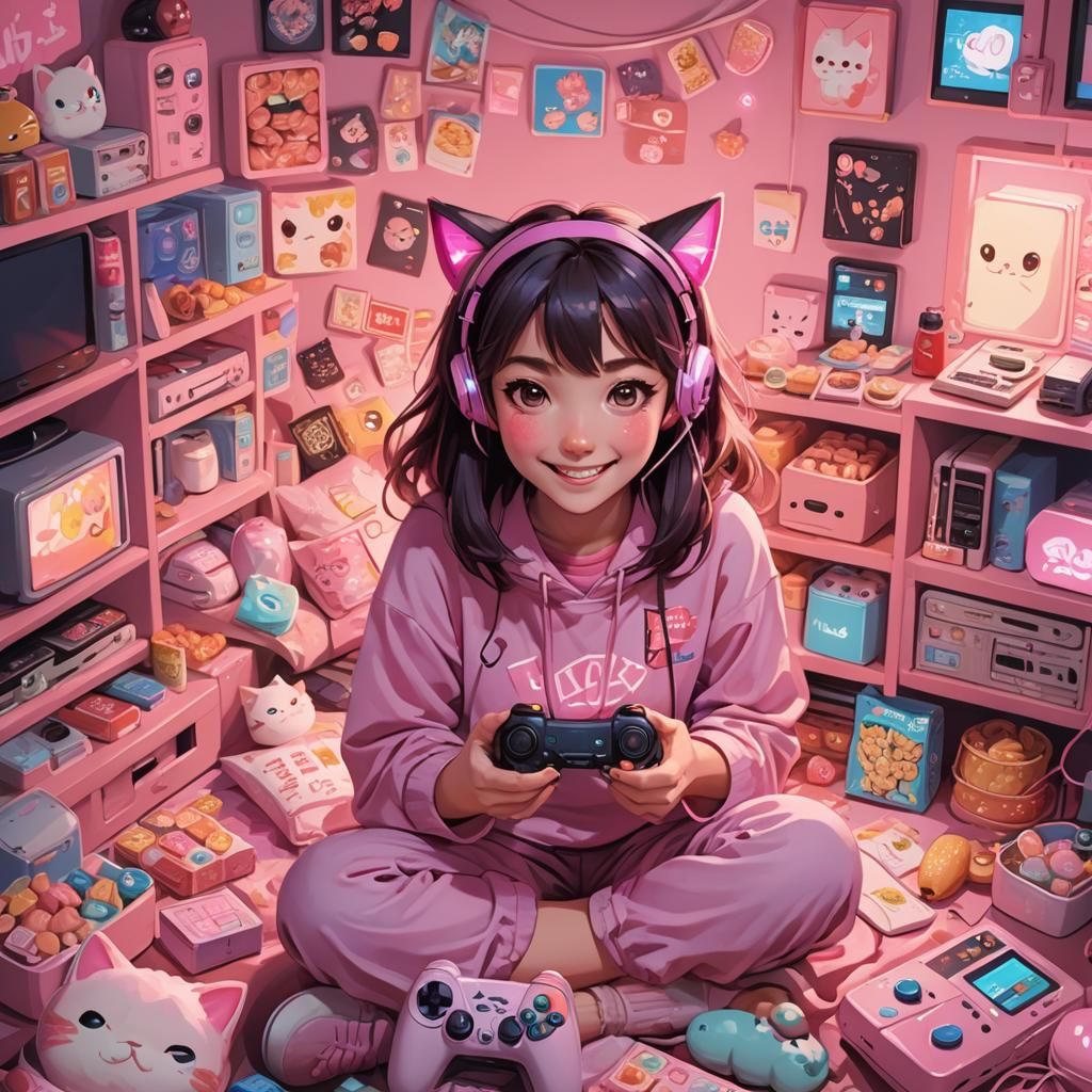 Vibrant Pink Gamer Girl in Kawaii Anime Style