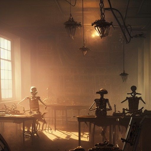 Steampunk Skeleton Students in Classroom: 8K Art