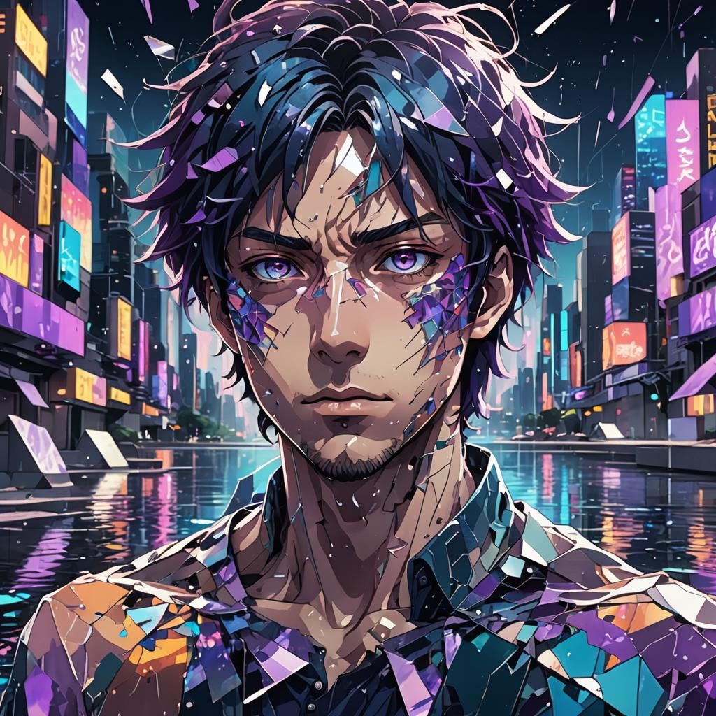 Shattered Mirror Man Reflecting Cityscape in Anime Style