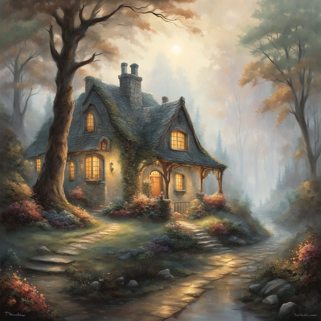 Mystical Cottage in Ancient Forest: Hyperrealistic Painting