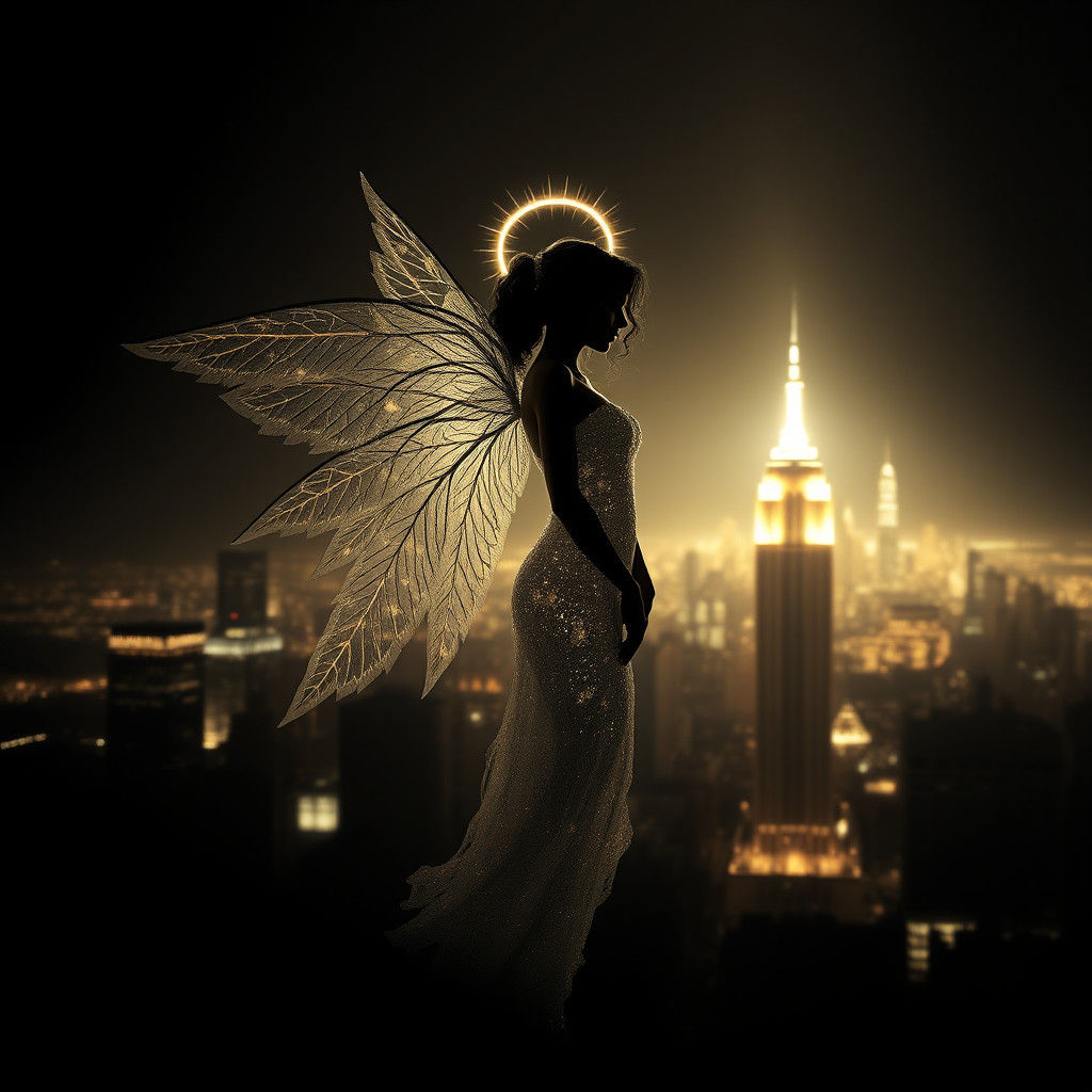 Ethereal Angel Silhouette in City of Light