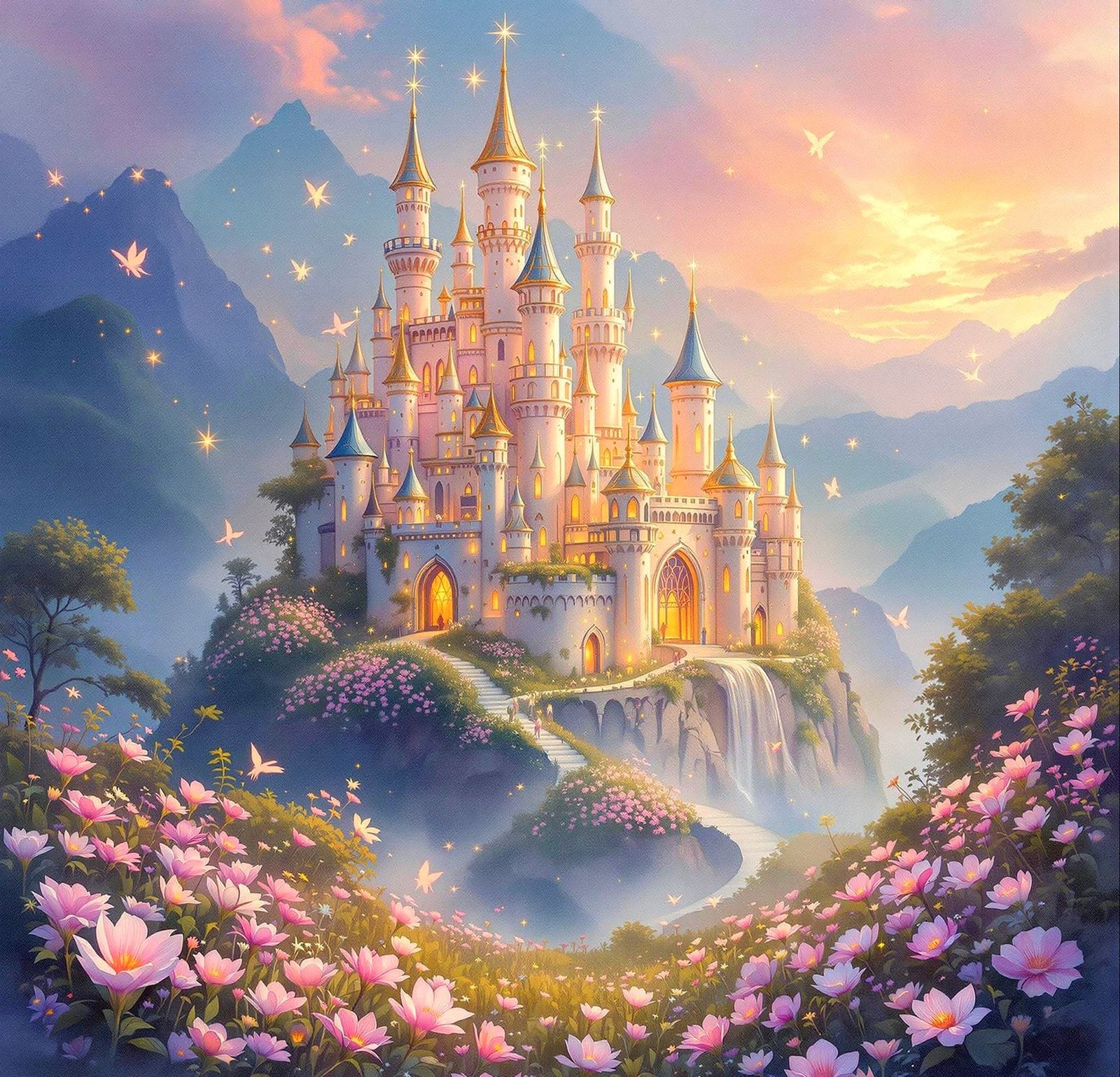 Dreamy Fairy Castle in Whimsical Watercolour Style