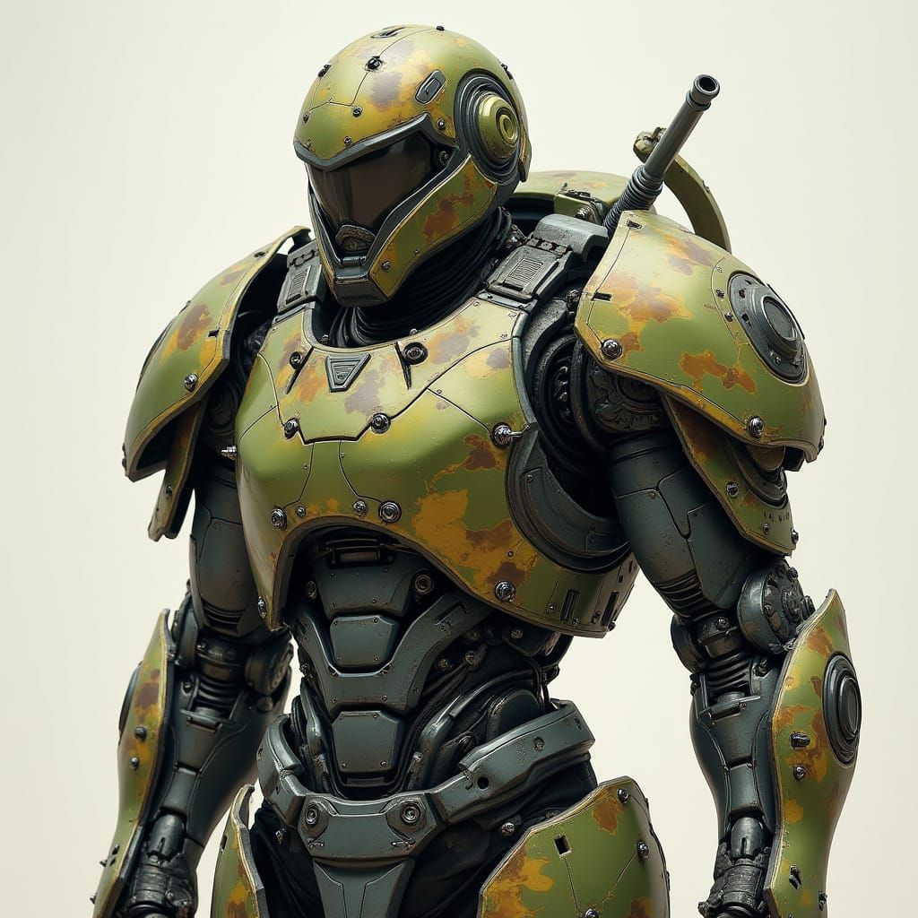Warforged in Camo Battle Armor: Retro-Futuristic Rendering