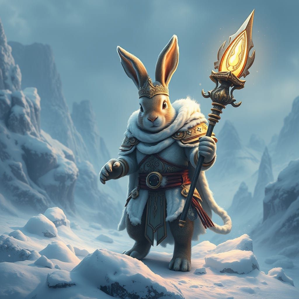 Regal Snow Warrior Bunny in Atmospheric Fantasy Landscape