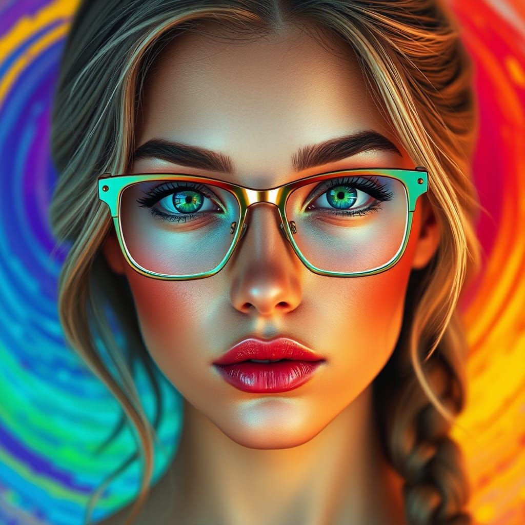 Emerald-Eyed Woman with Glasses: Hyper-Realistic Digital Por...