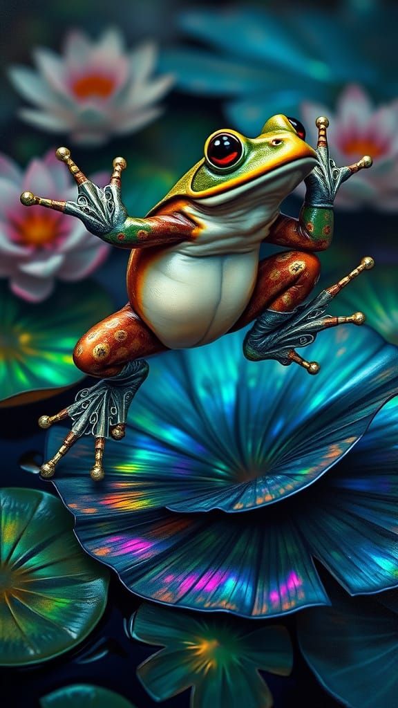 Frog Leaping onto a Lilly Pad Tim Burton contrasting colors ...