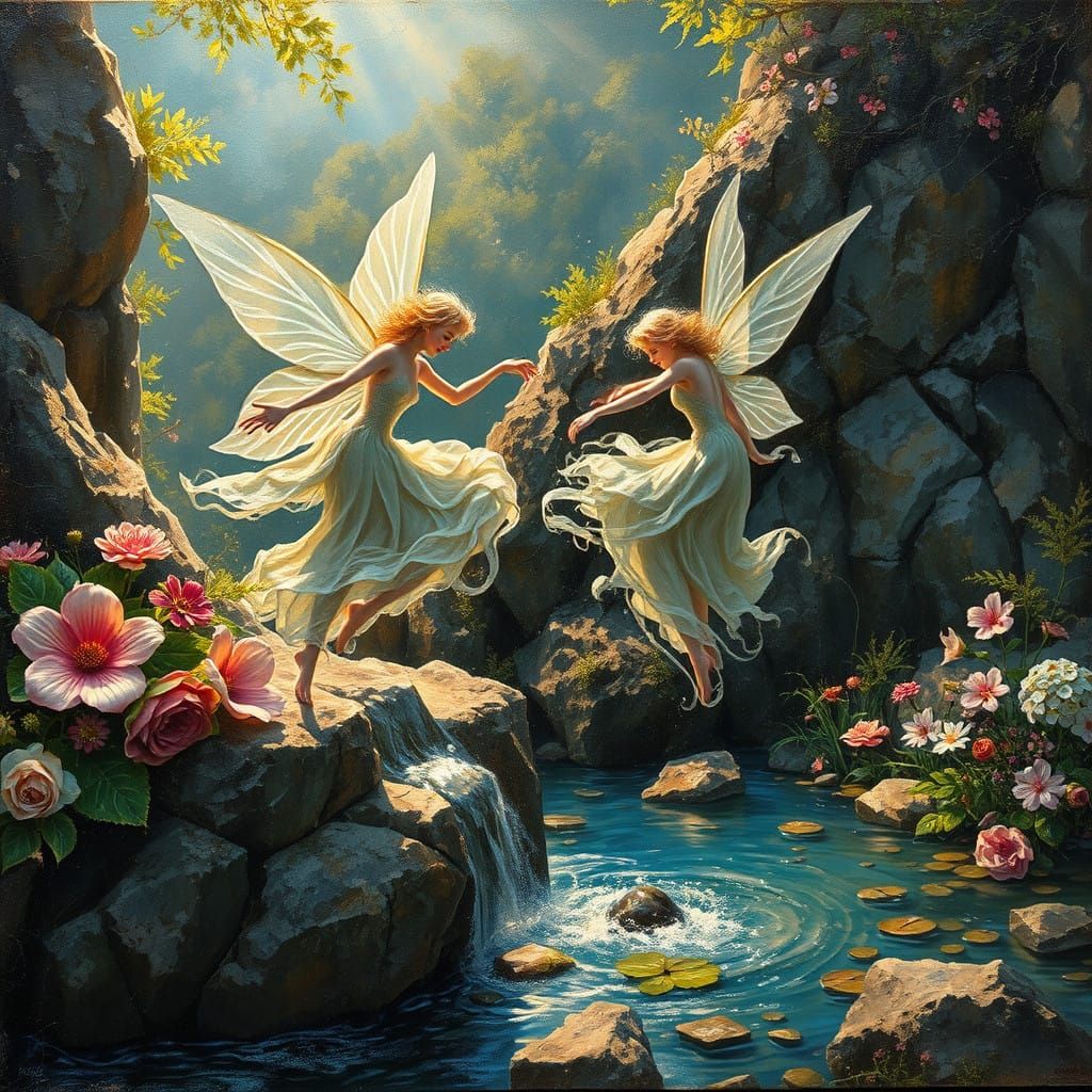Water Fairies Dance Above a Mystical Spring in an Impasto Pa...