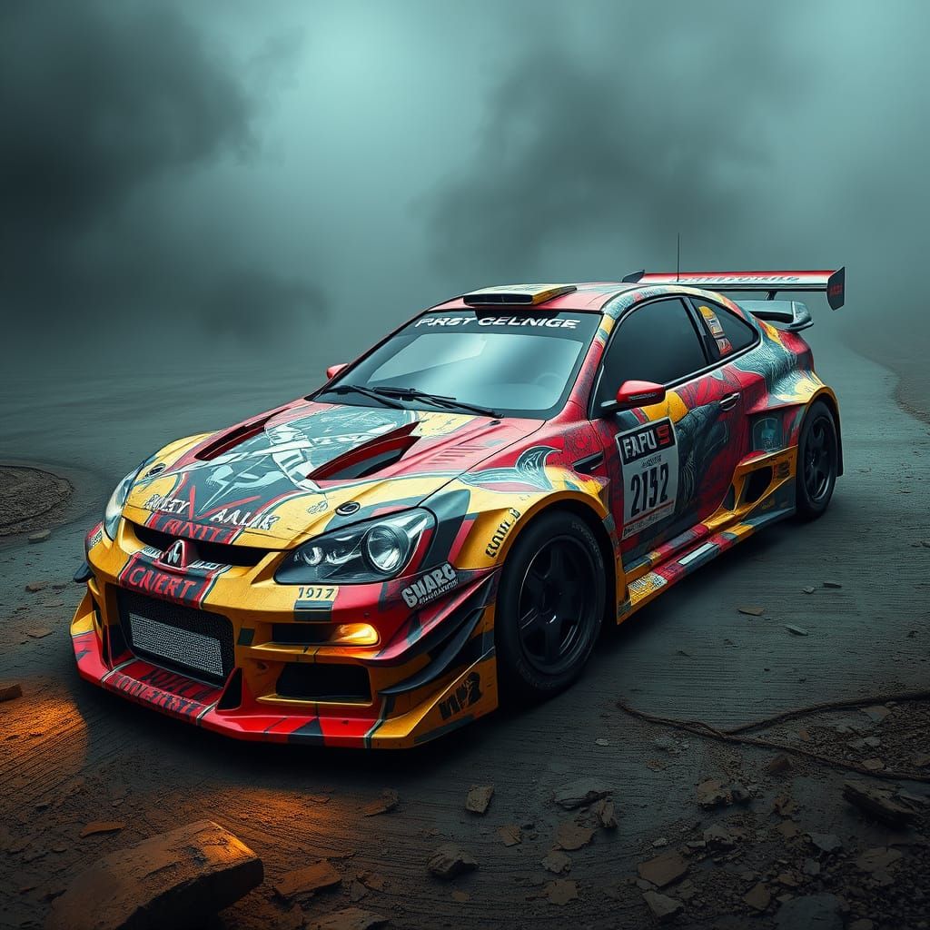 Rally car wrapped in "before the lobotomy" artwork
