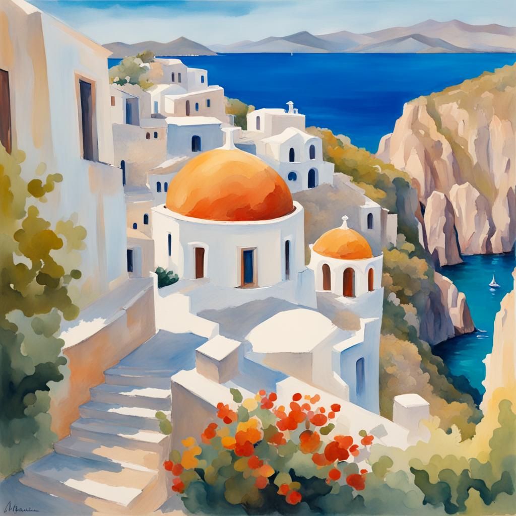 Greece in Gouache Style: Impressionist Masterpiece