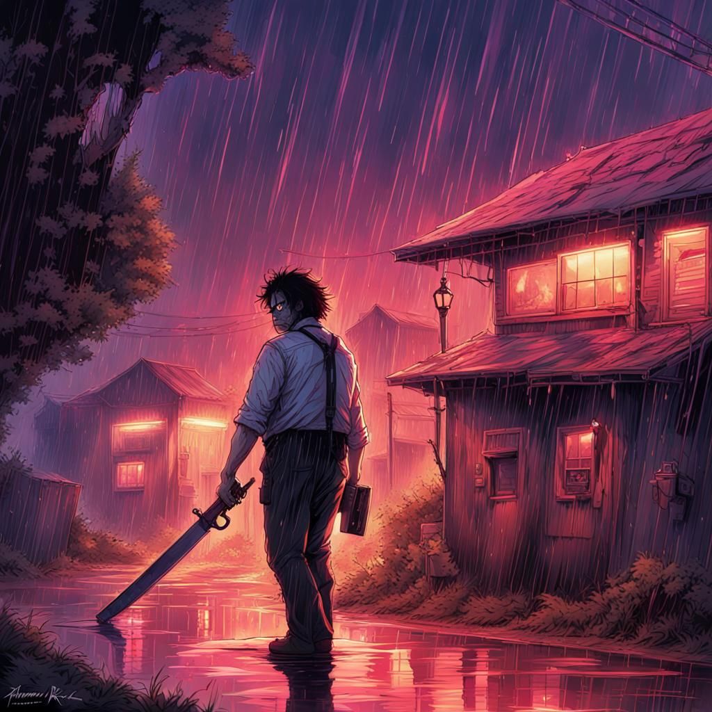Leatherface in Rainy Neon Cinematic Comic Style
