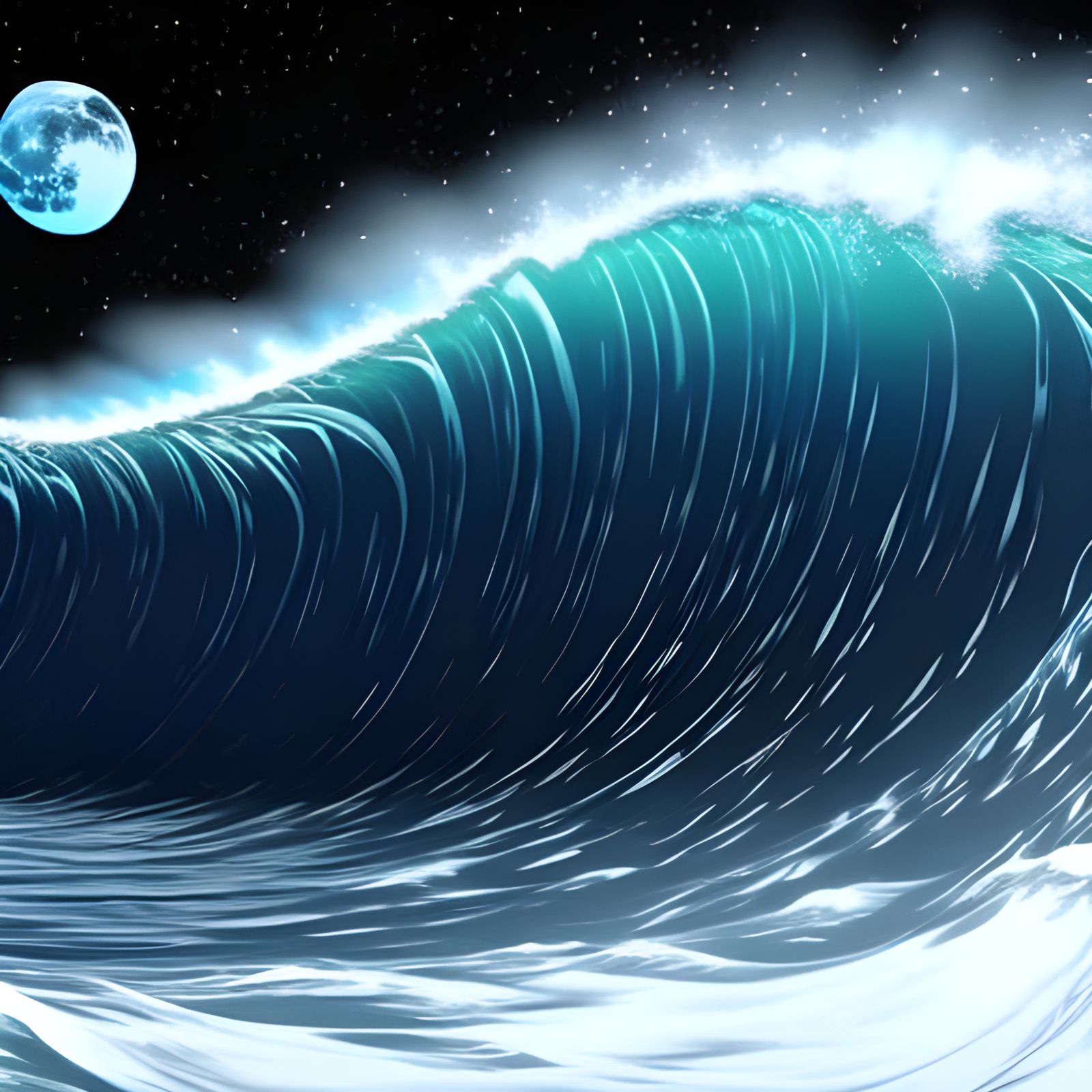 Bioluminescent Tidal Wave Under Moonlight, Ink Drawing