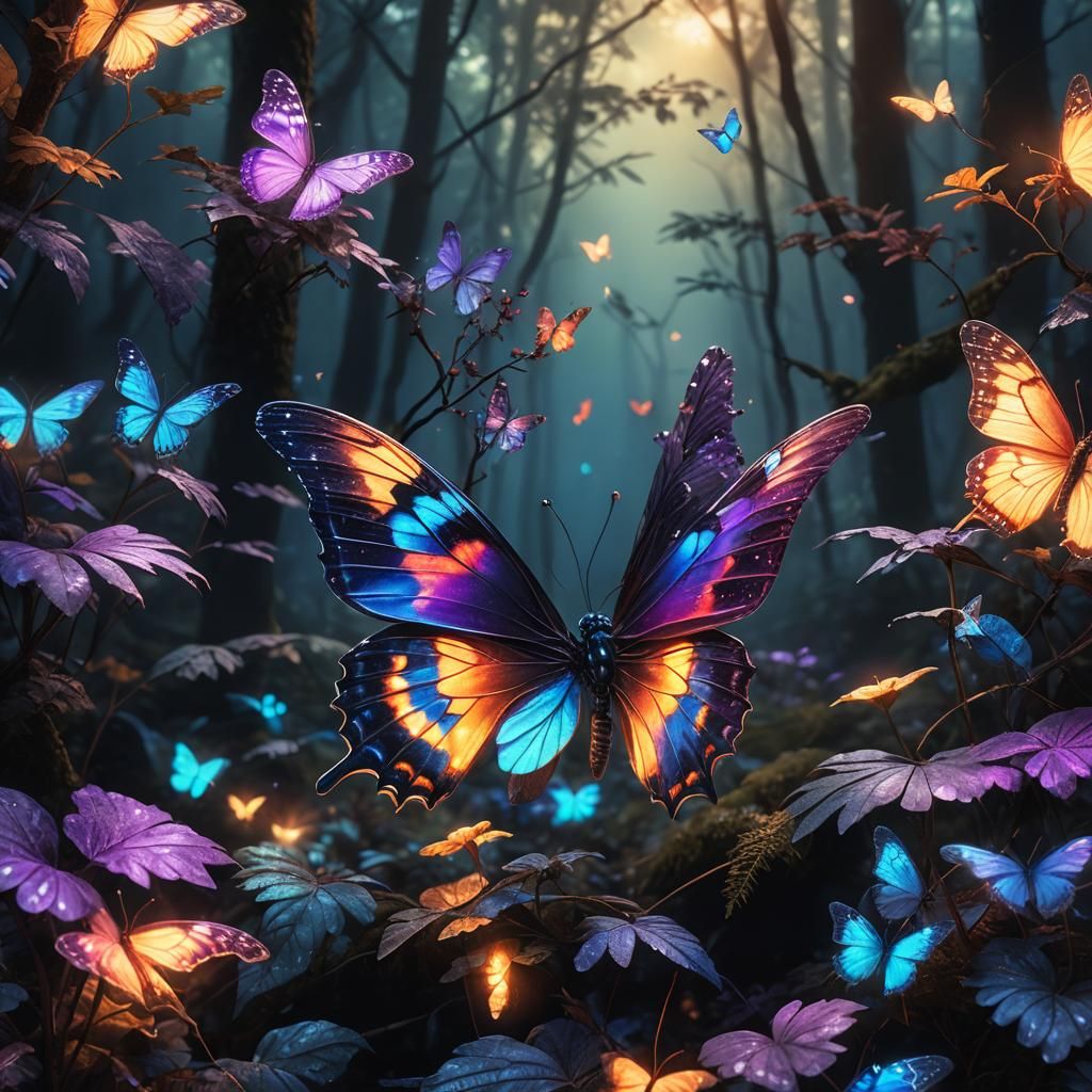 Musical Butterfly Spreading Wings in Misty Forest