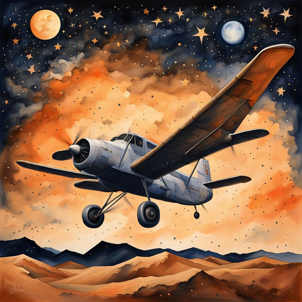 Vintage Plane Over Starry Desert Landscape