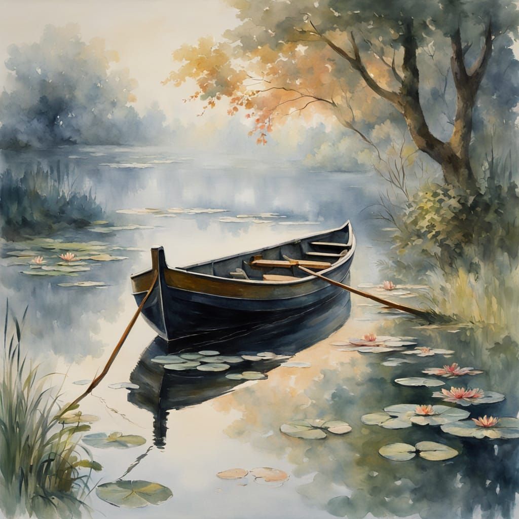 Serene Silver Skiff on Misty Lake