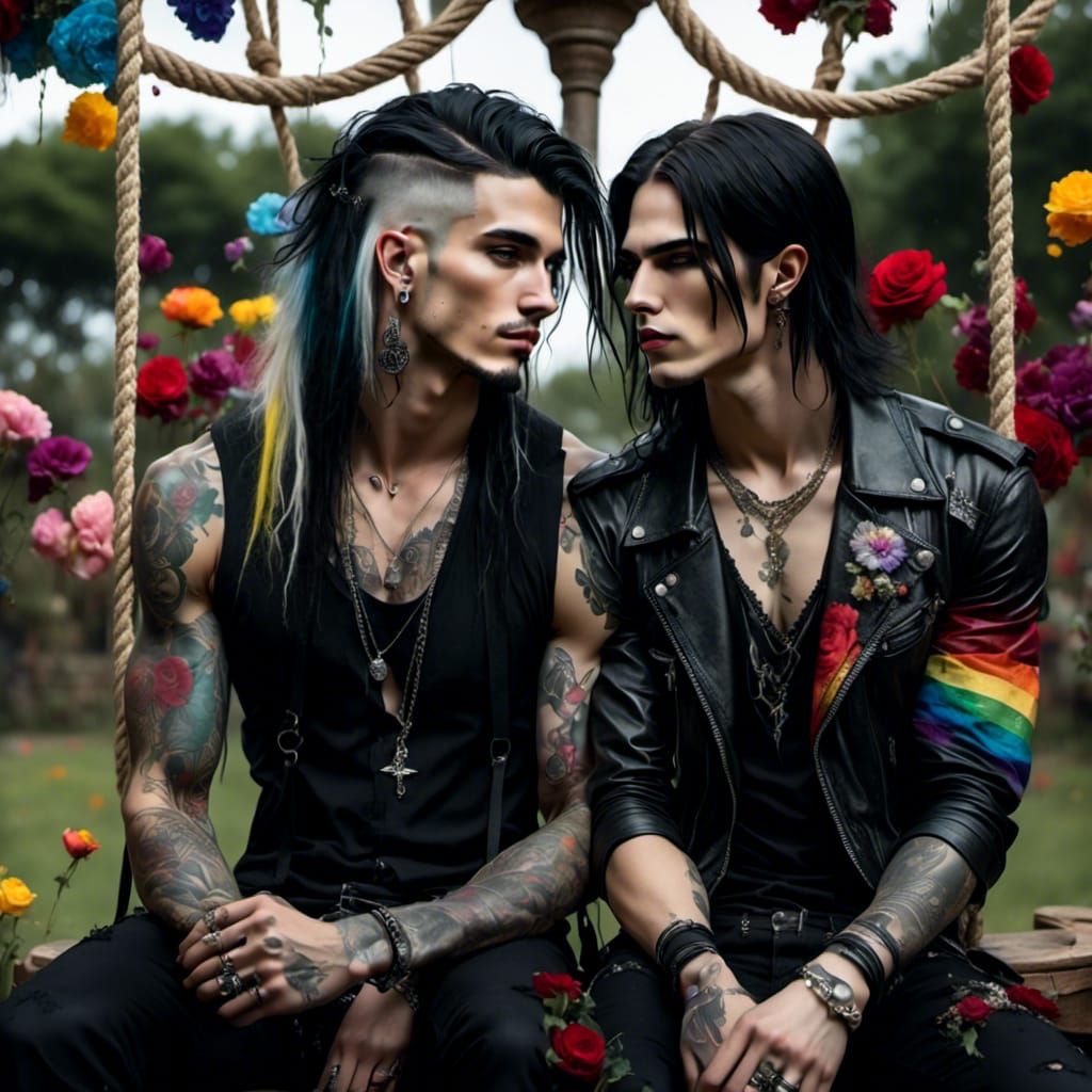 Two Goth Punk Men in Rainbow Garden