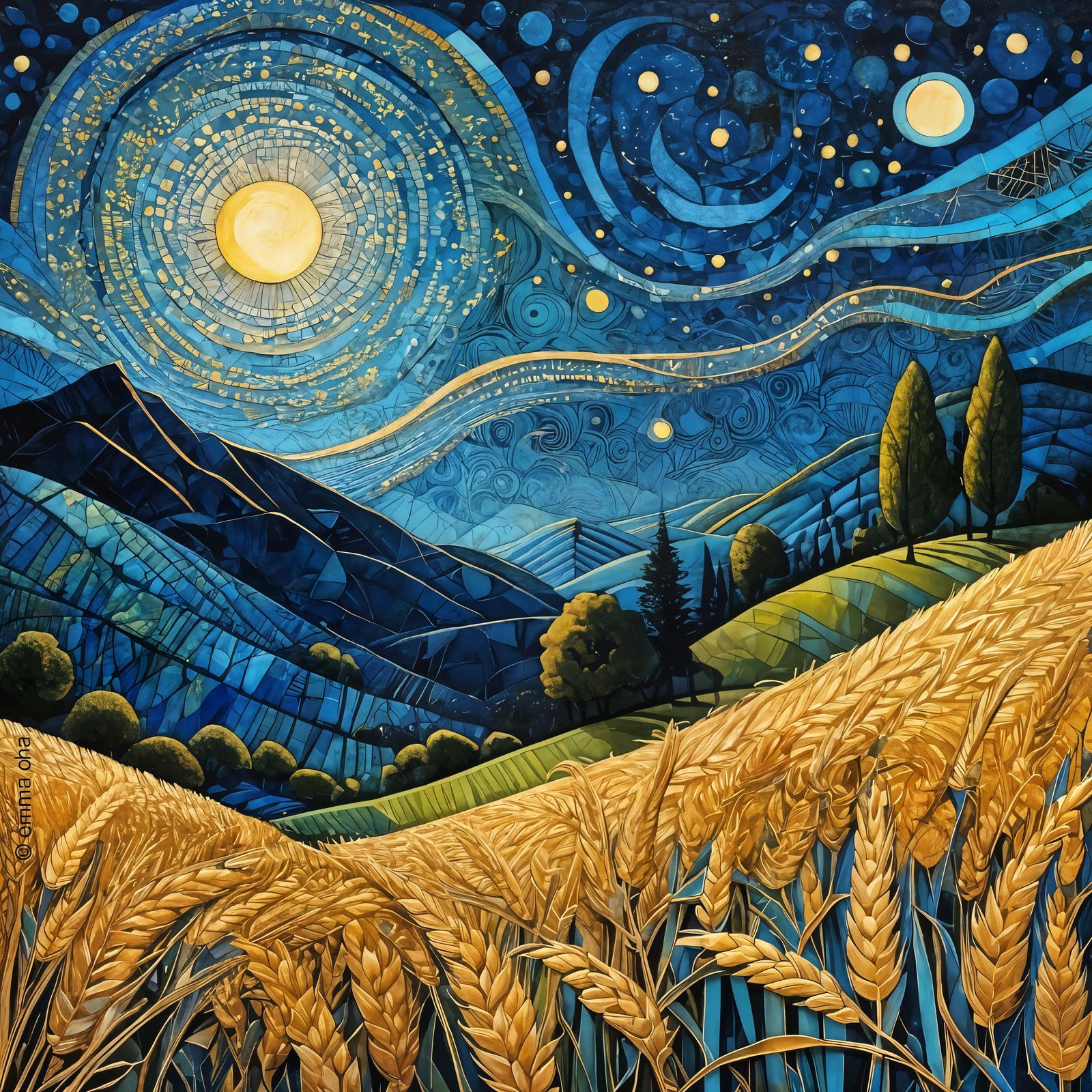 Surreal Landscape of Golden Wheat and Starry Sky