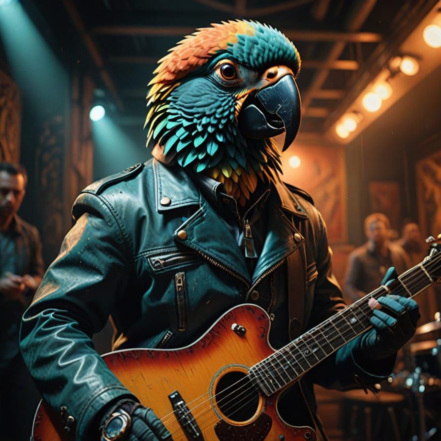 Realistic oil painting. A parrot dressed in a rocker-style l...