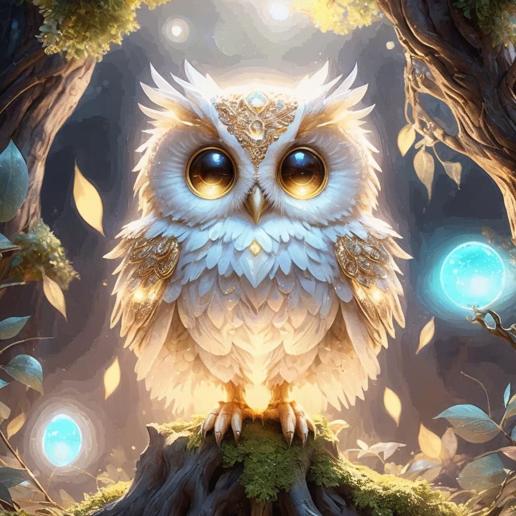 Chibi Crystal-Eyed Owl with Golden Wings