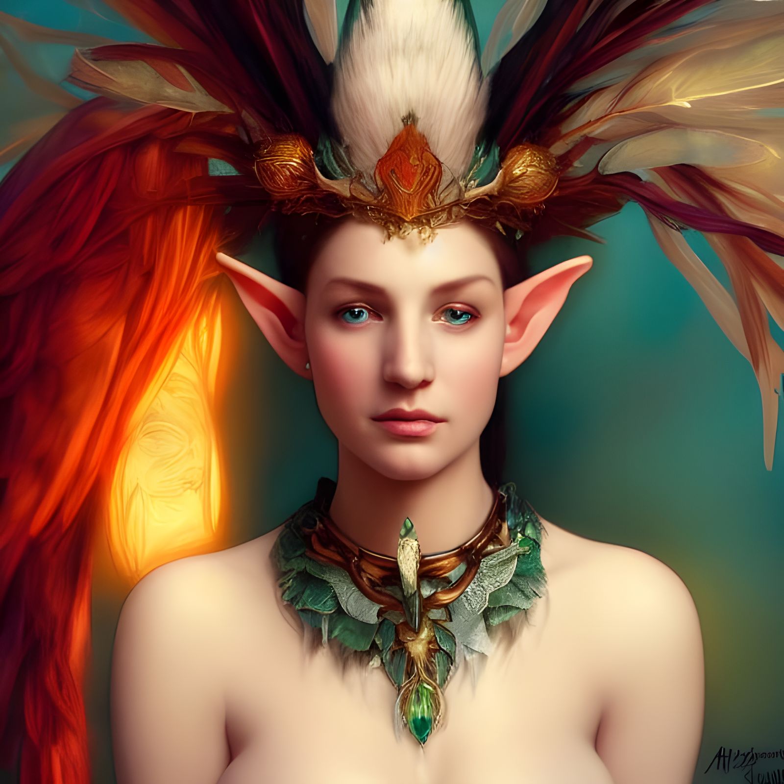 Elf Queen Portrait with Peacock Crown, Art Nouveau Style