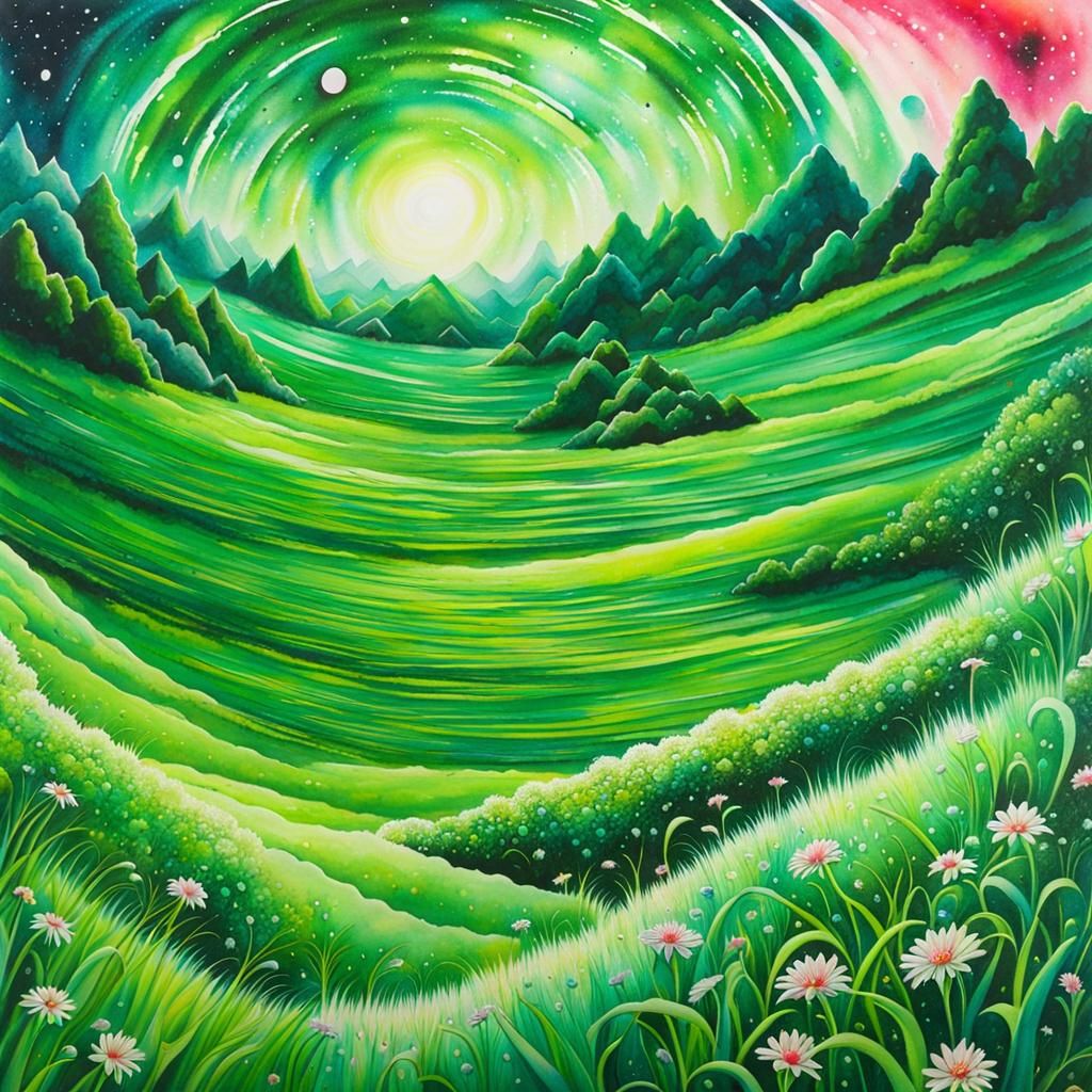 Green Meadow: Galactic Manga Watercolor Masterpiece