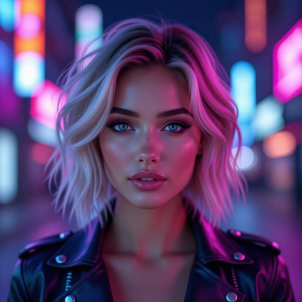 Futuristic Portrait of Woman with Pink Hair and Neon Lights