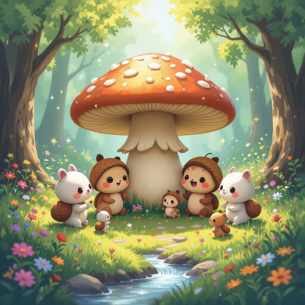 Chibi Forest Creatures Gather 'Round Mushroom