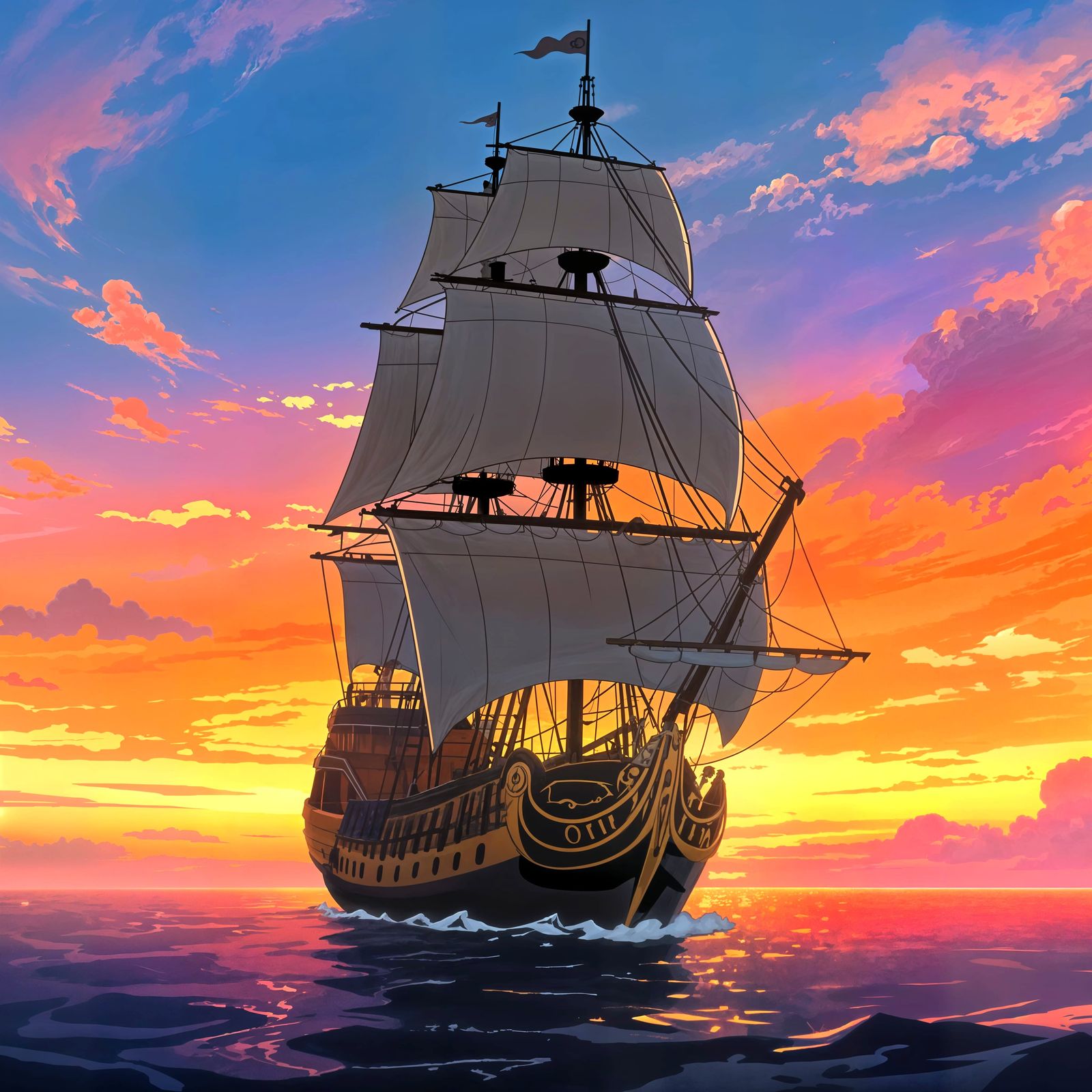 Majestic Ship Sailing at Dusk in Anime Style