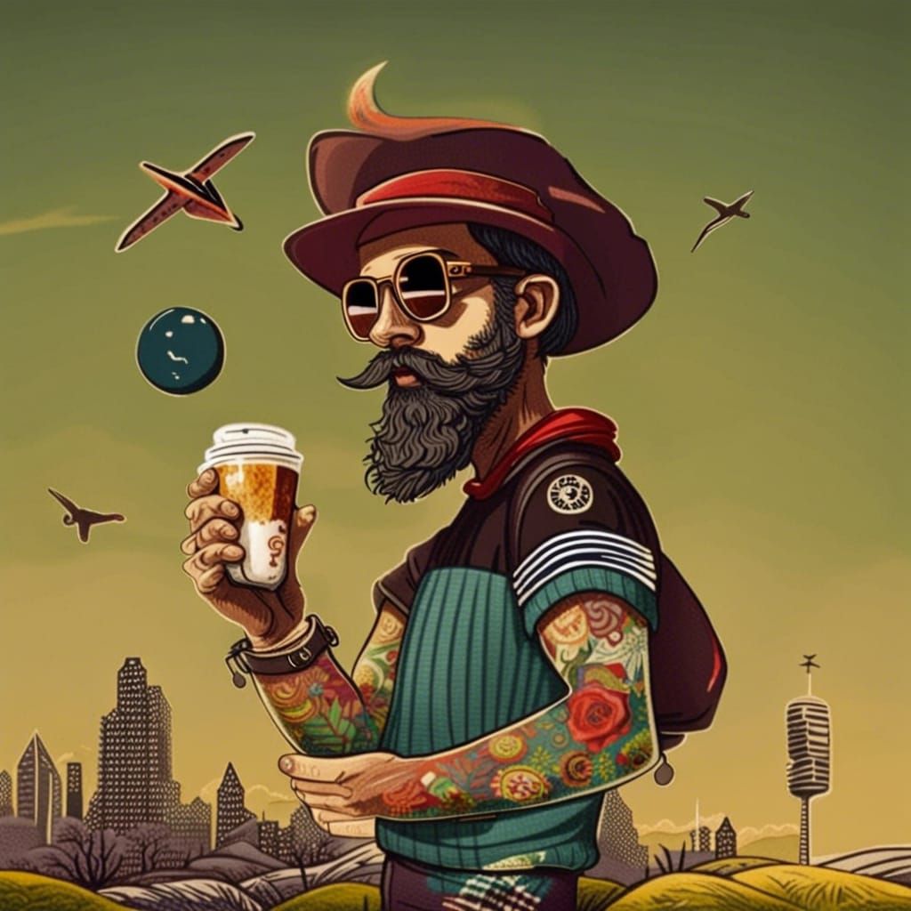 Hipster with Latte Illustration in Mixed Media