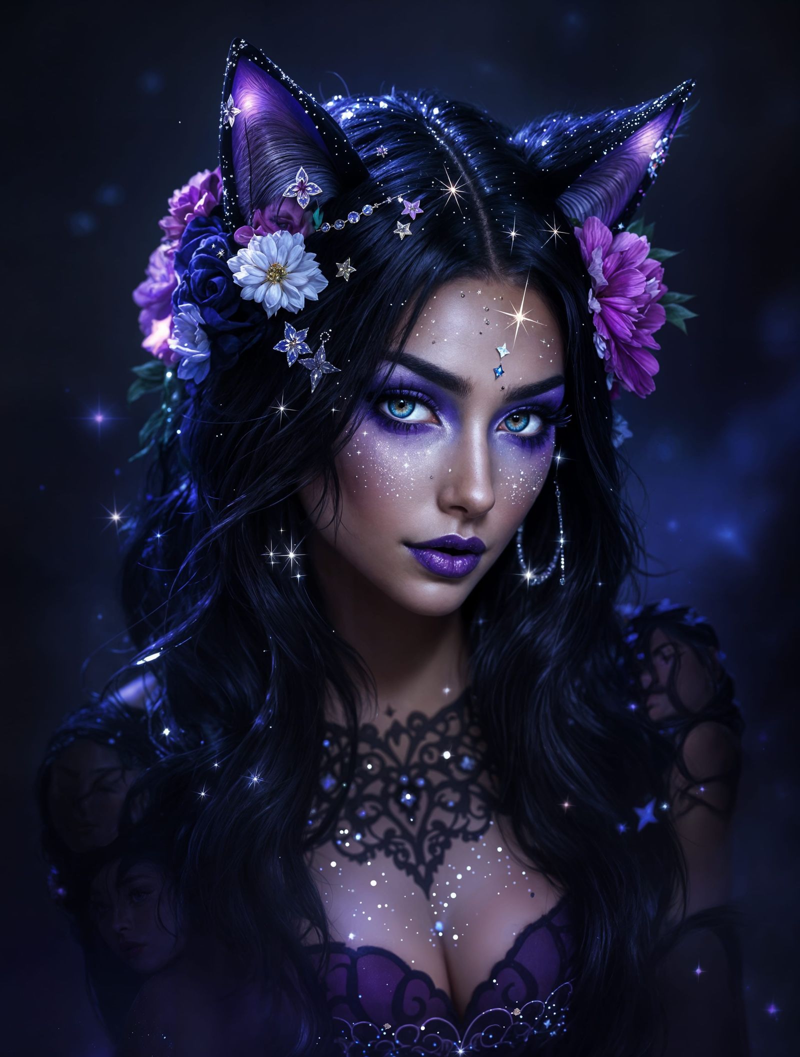 Enchanted Feline Goddess with Vibrant, Shimmering Appearance