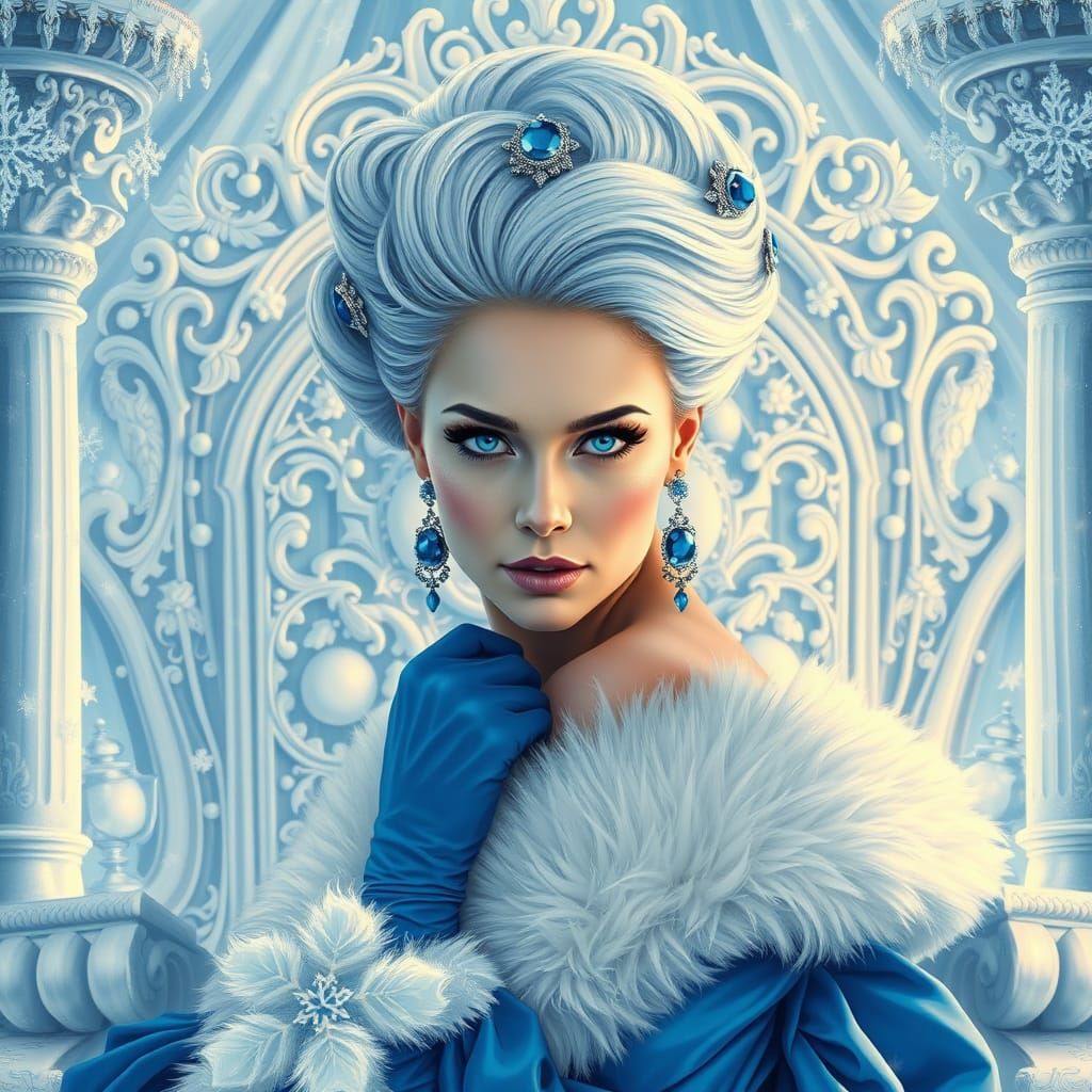Regal Ice Queen in Vibrant Blue Oil Painting