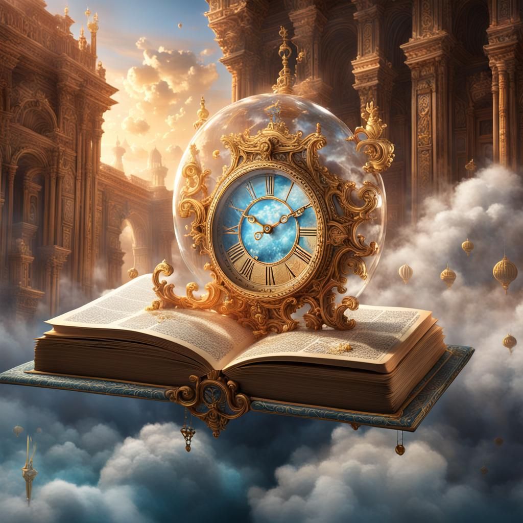 Crystal Clock on Golden Book, Detailed Digital Painting