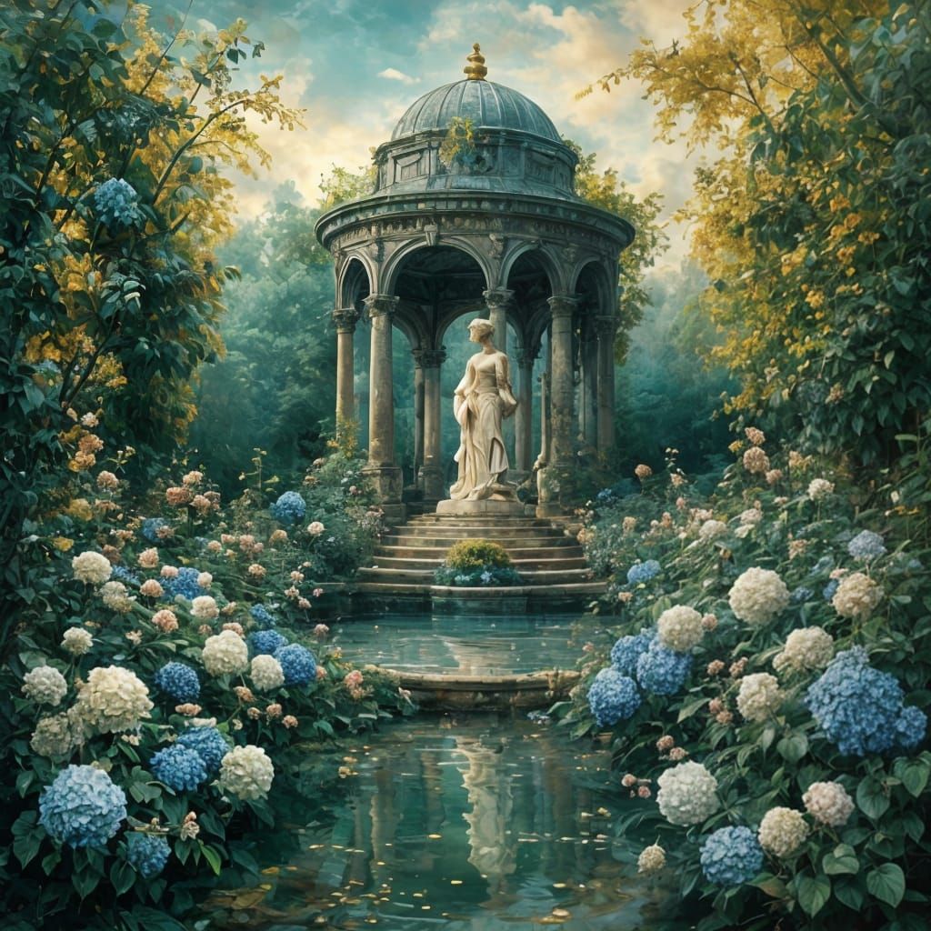 Palladian Garden with Folly and Hydrangeas