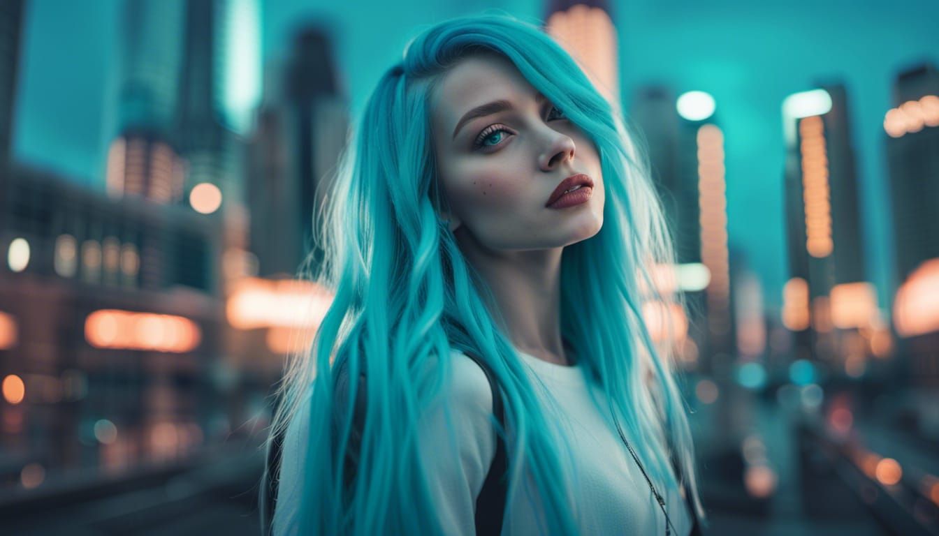 Cyan-Haired Artist in Futuristic Cyberpunk City