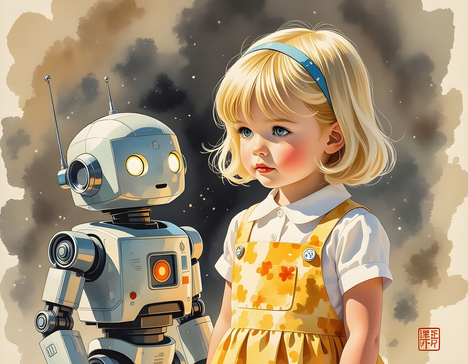 Girl and Robot in Whimsical Sumi-e Style