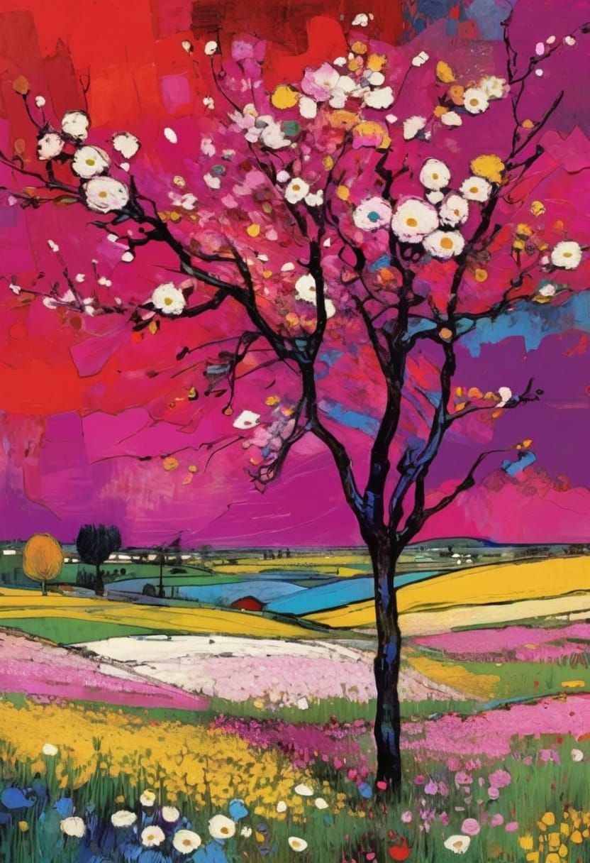Expressive Pop Art Blooming Field in a Grunge Landscape