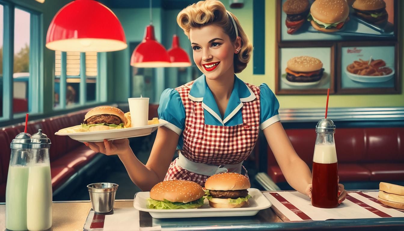 Retro Diner Scene with Waitress and Hamburgers