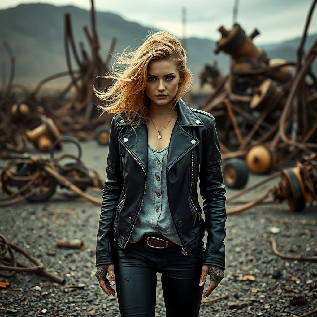 Post-Apocalyptic Woman in Wasteland, Photorealistic Image