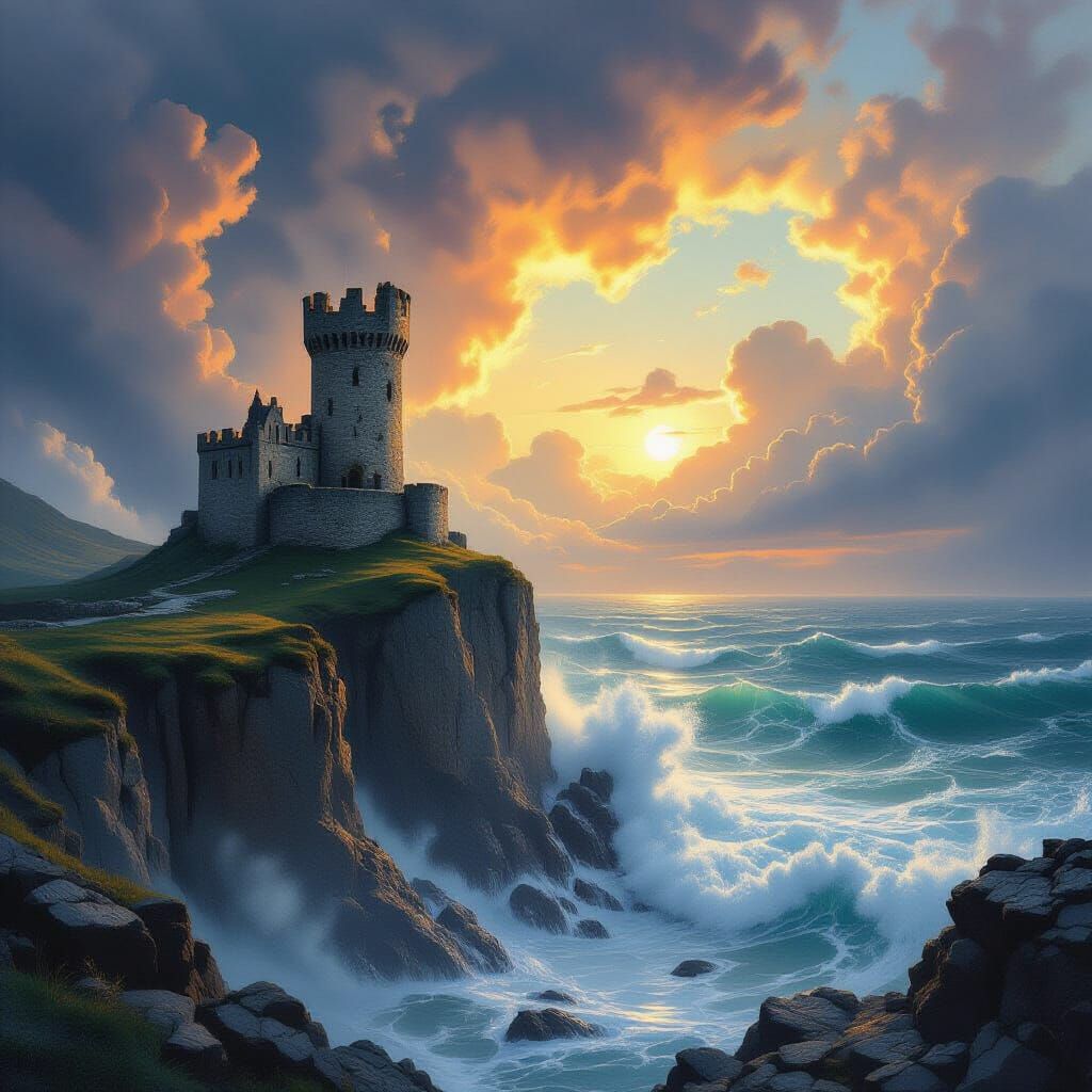 Crumbling Castle on Cliff Overlooking Stormy Ocean