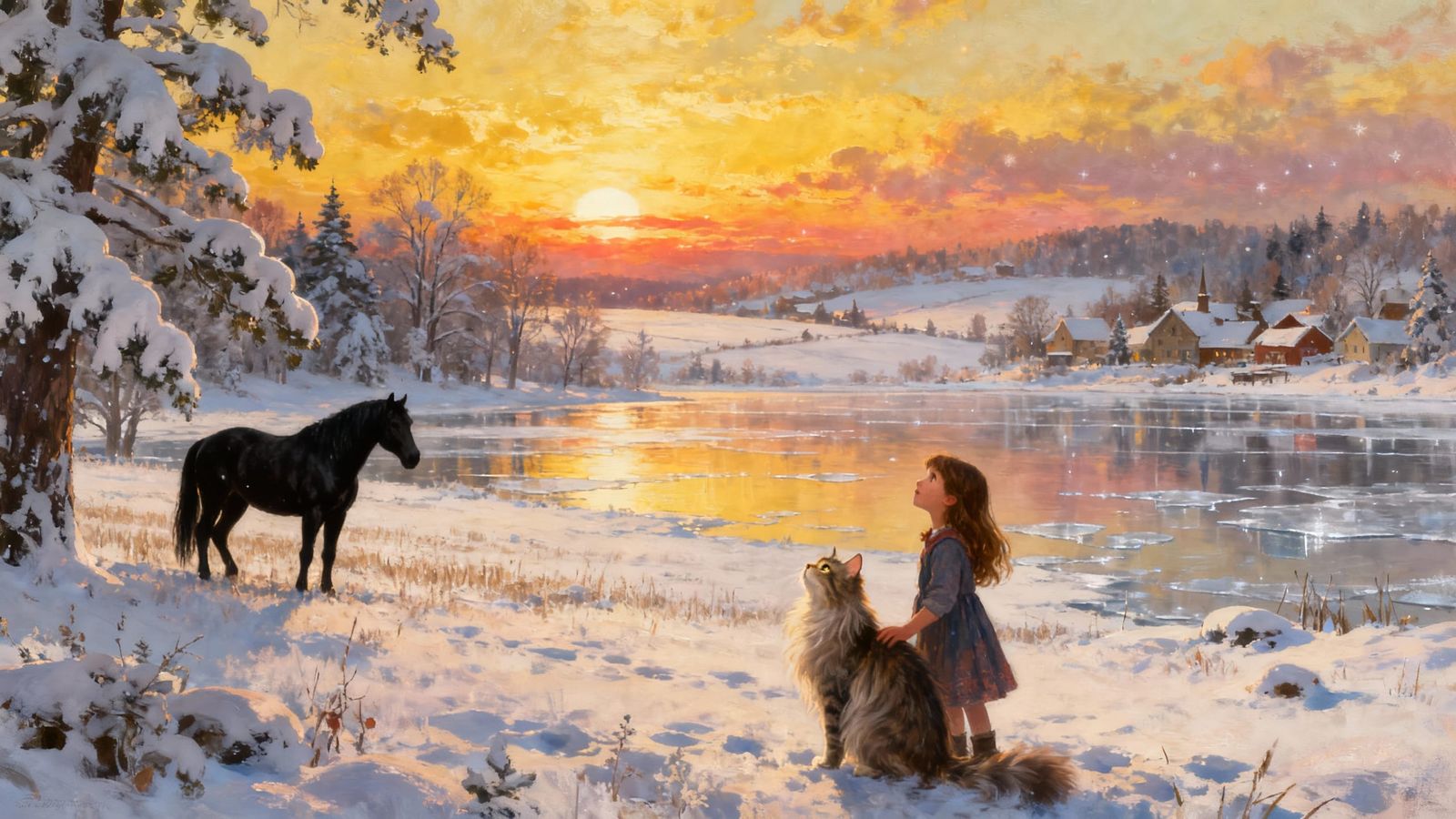 Girl and Cat Watch Sunset Over Snowy Winter Landscape