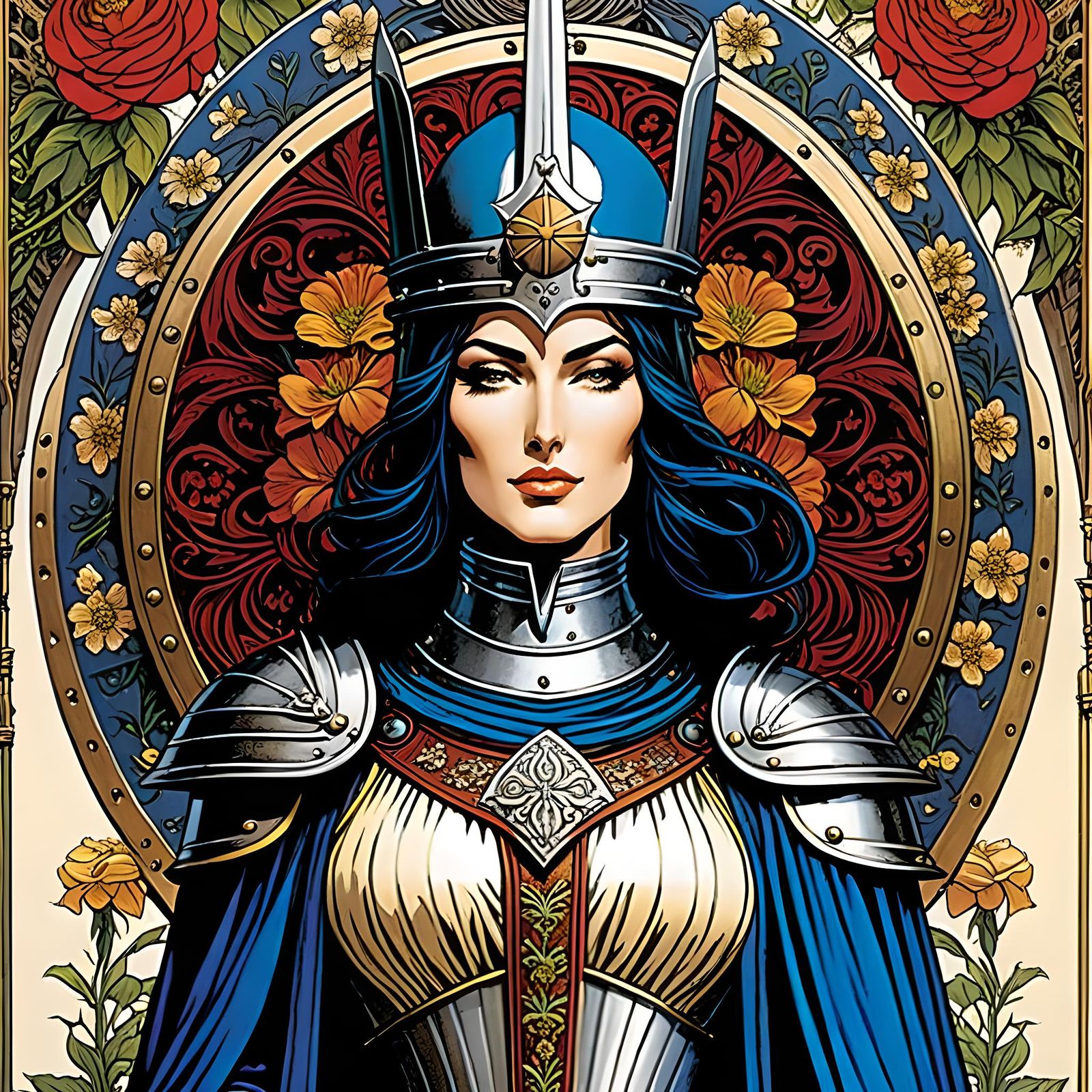 Floral Medieval Helmet Comic Illustration