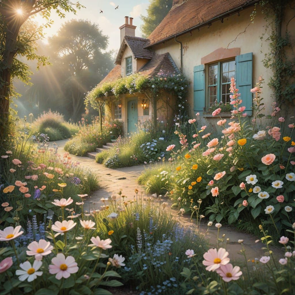 Whimsical Cottage Garden in Vibrant Pastel Colors