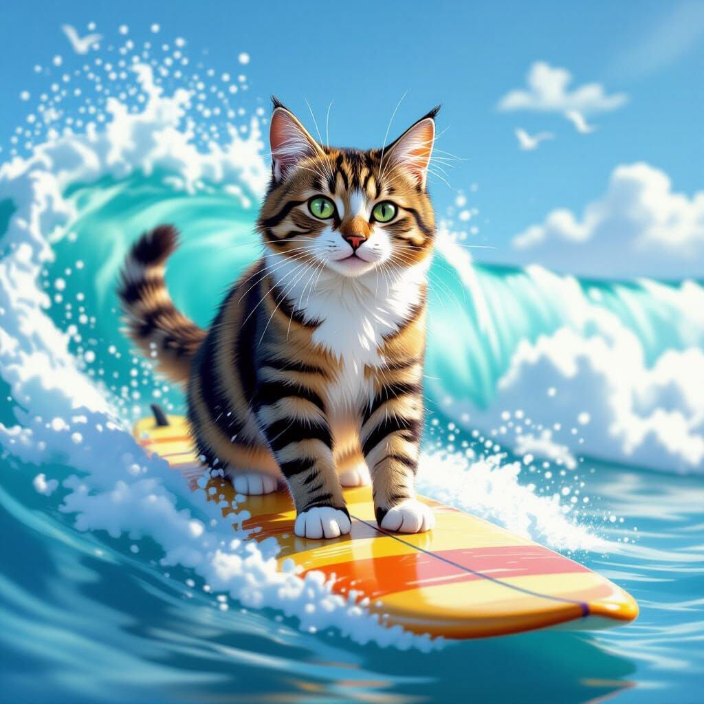 Cat Surfing on Ocean Waves - Realistic Digital Art