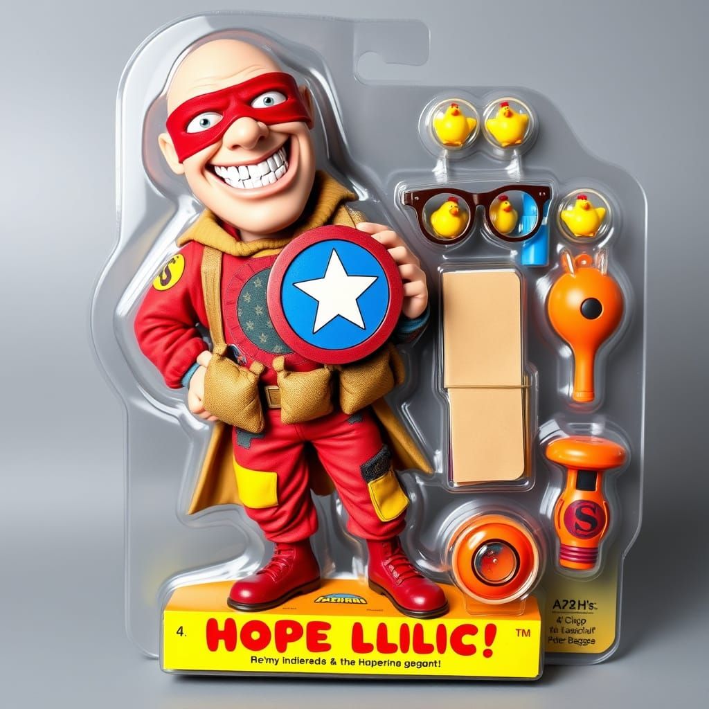 Exaggerated Superhero Figure in Plastic Blister Packaging