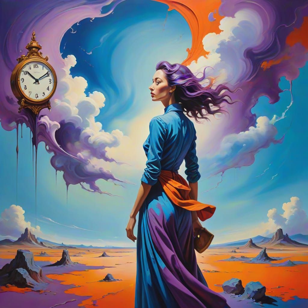 Surreal Woman in Dreamlike Landscape as Oil Painting