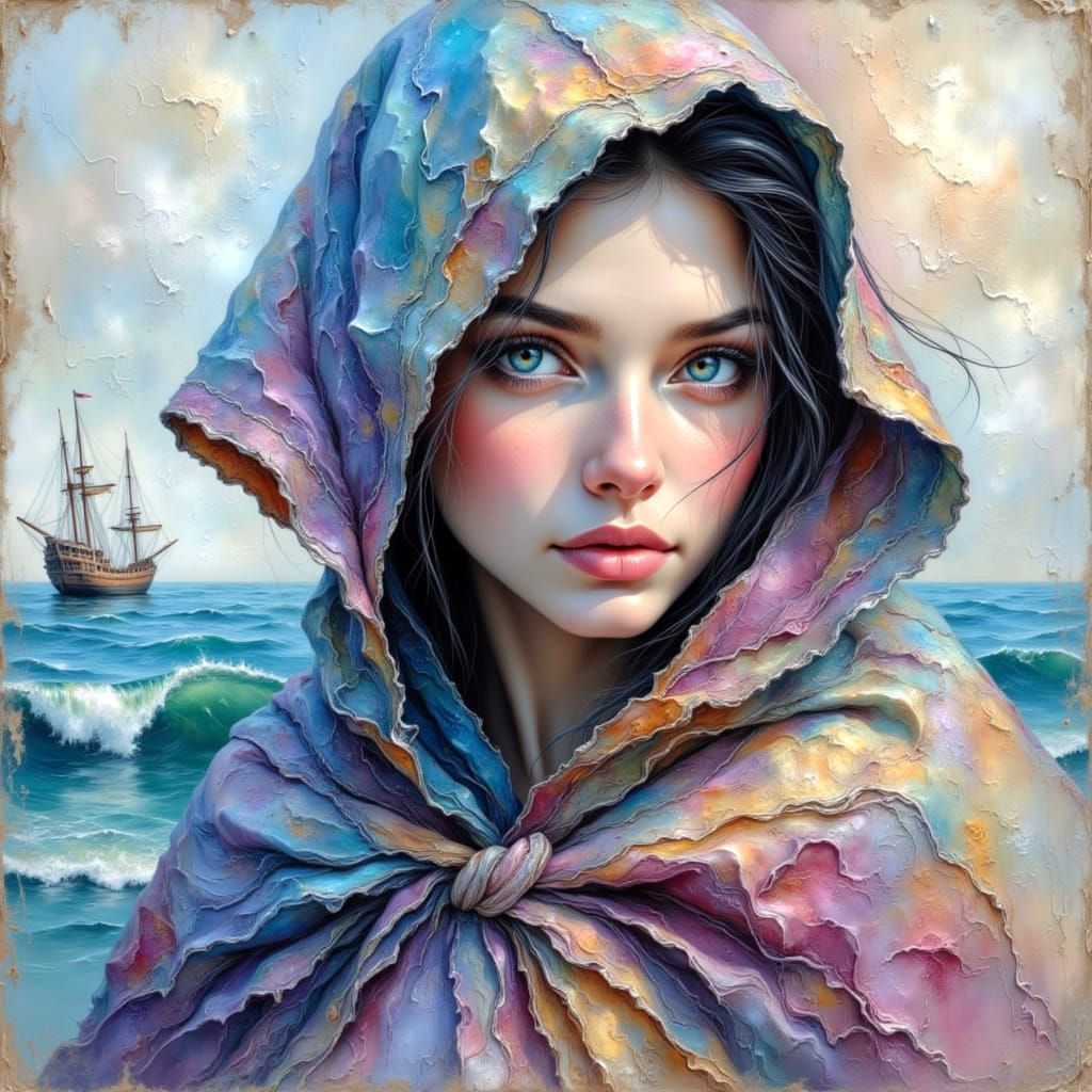 Mysterious Woman Beside Pirate Ship in Cosmic Sky