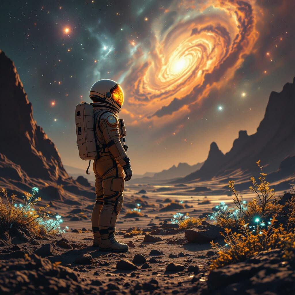 Astronaut on Distant Planet Gazing at Cosmic Vista