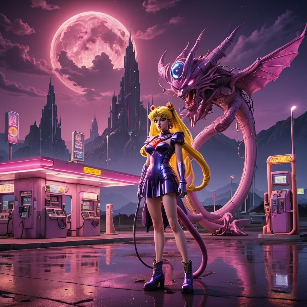 Sailor Moon at Retro-Futuristic Alien Gas Station