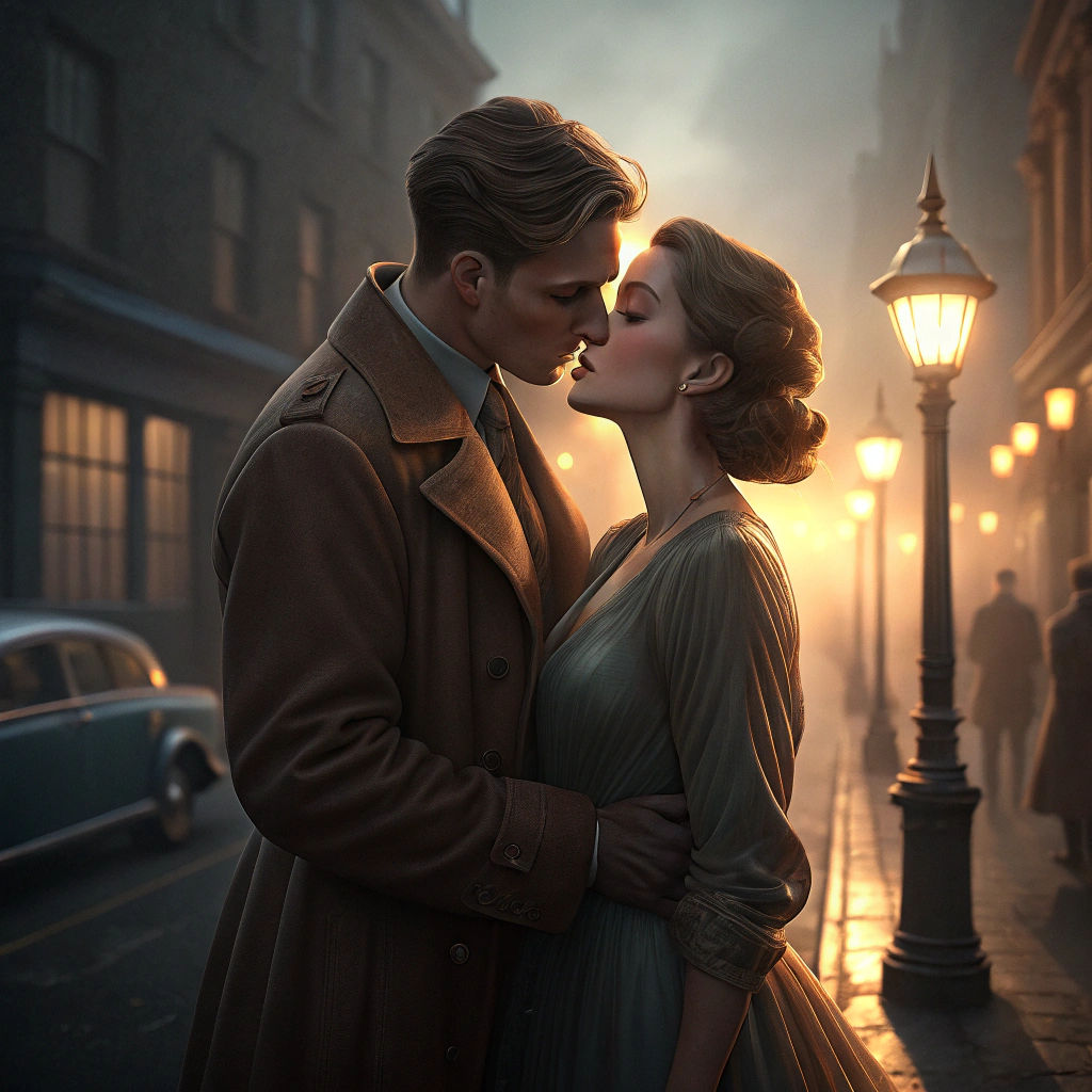 Romantic Kiss on Foggy Street at Dusk