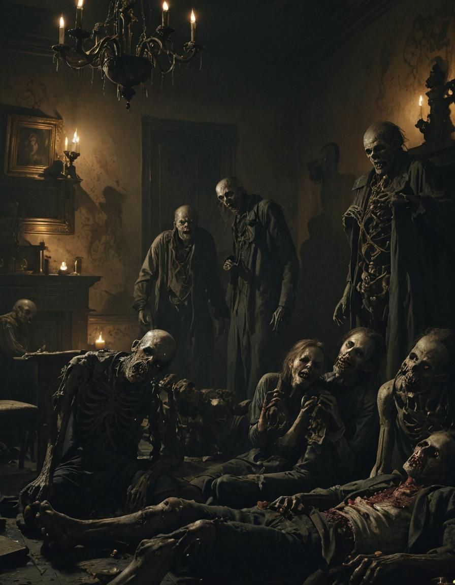 Grotesque Zombies Feast in Decaying Mansion