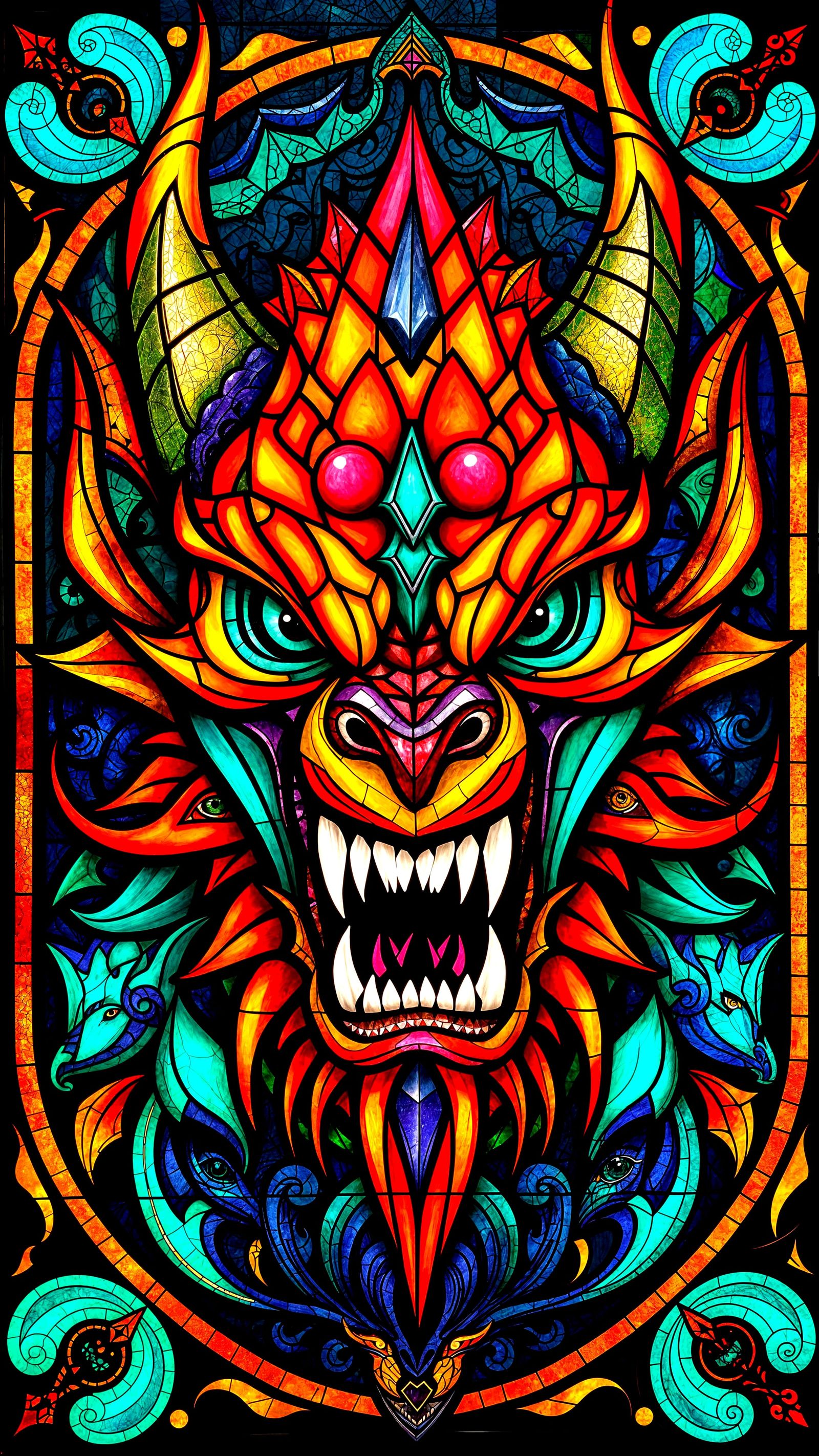 Vibrant Stained Glass Demon Portrayal in Multifaceted Design